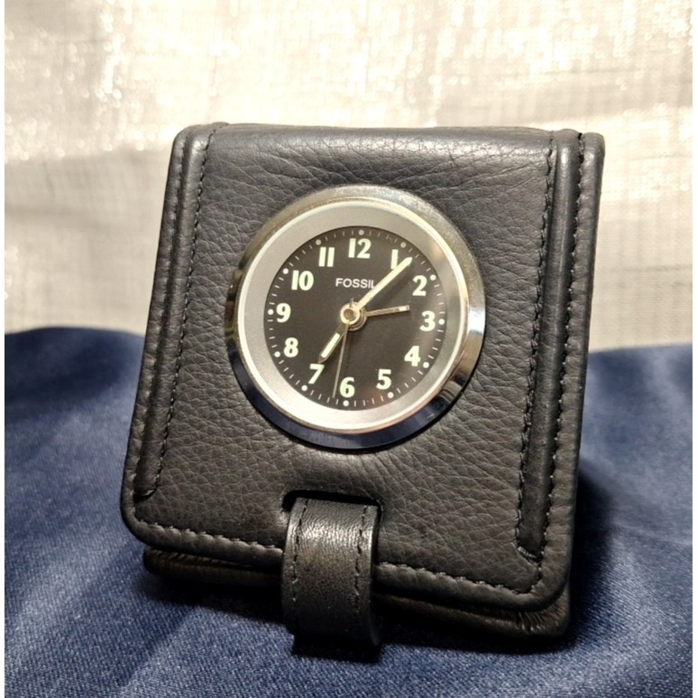 FOSSIL TRAVEL CLOCK BLACK LEATHER CASE Vintage Folding Retro Working - Picture 13 of 13